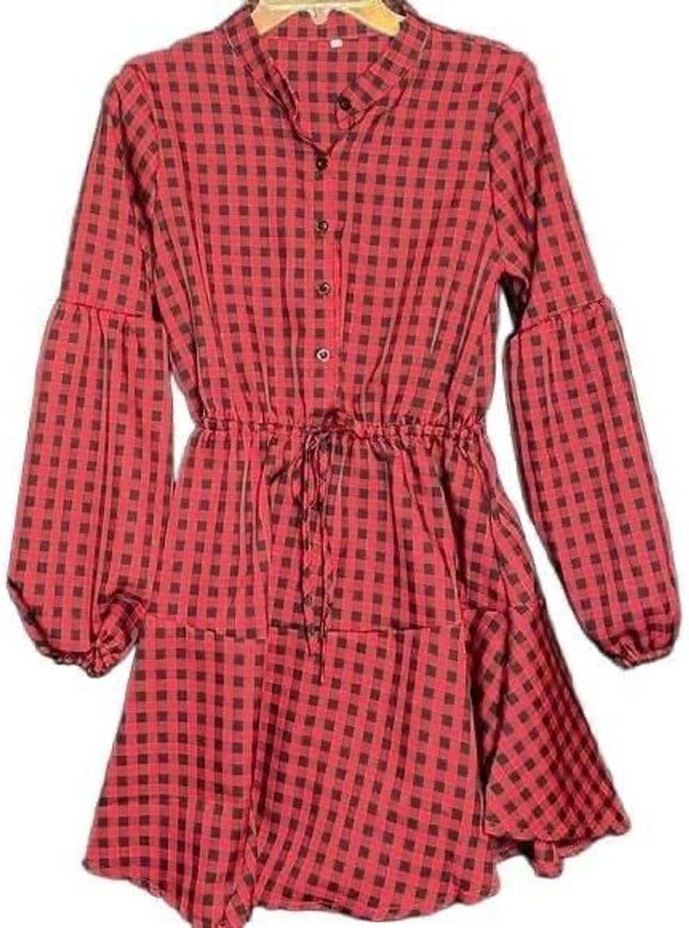 Red & Black Buffalo Plaid Lantern Sleeve Dress